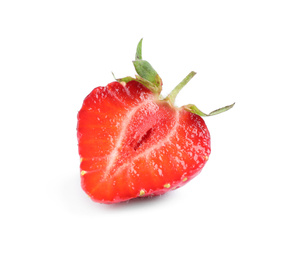 Photo of Cut sweet fresh strawberry on white background
