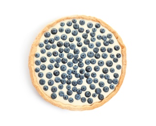 Photo of Tasty blueberry cake on white background, top view