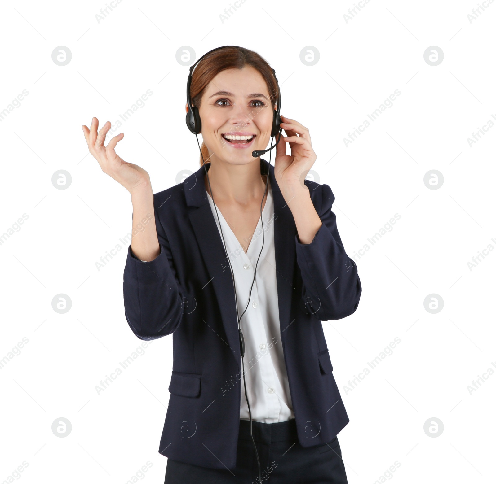 Photo of Female technical support operator with headset isolated on white