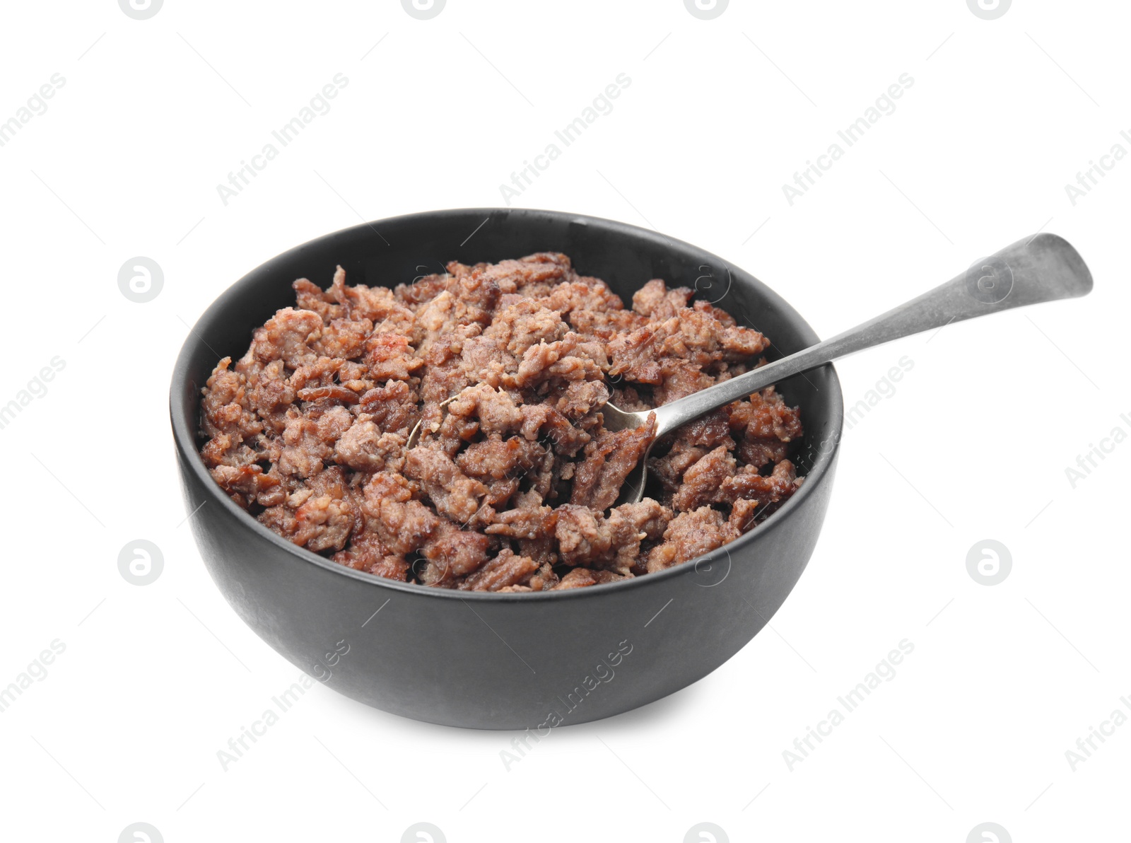 Photo of Bowl with fried minced meat isolated on white