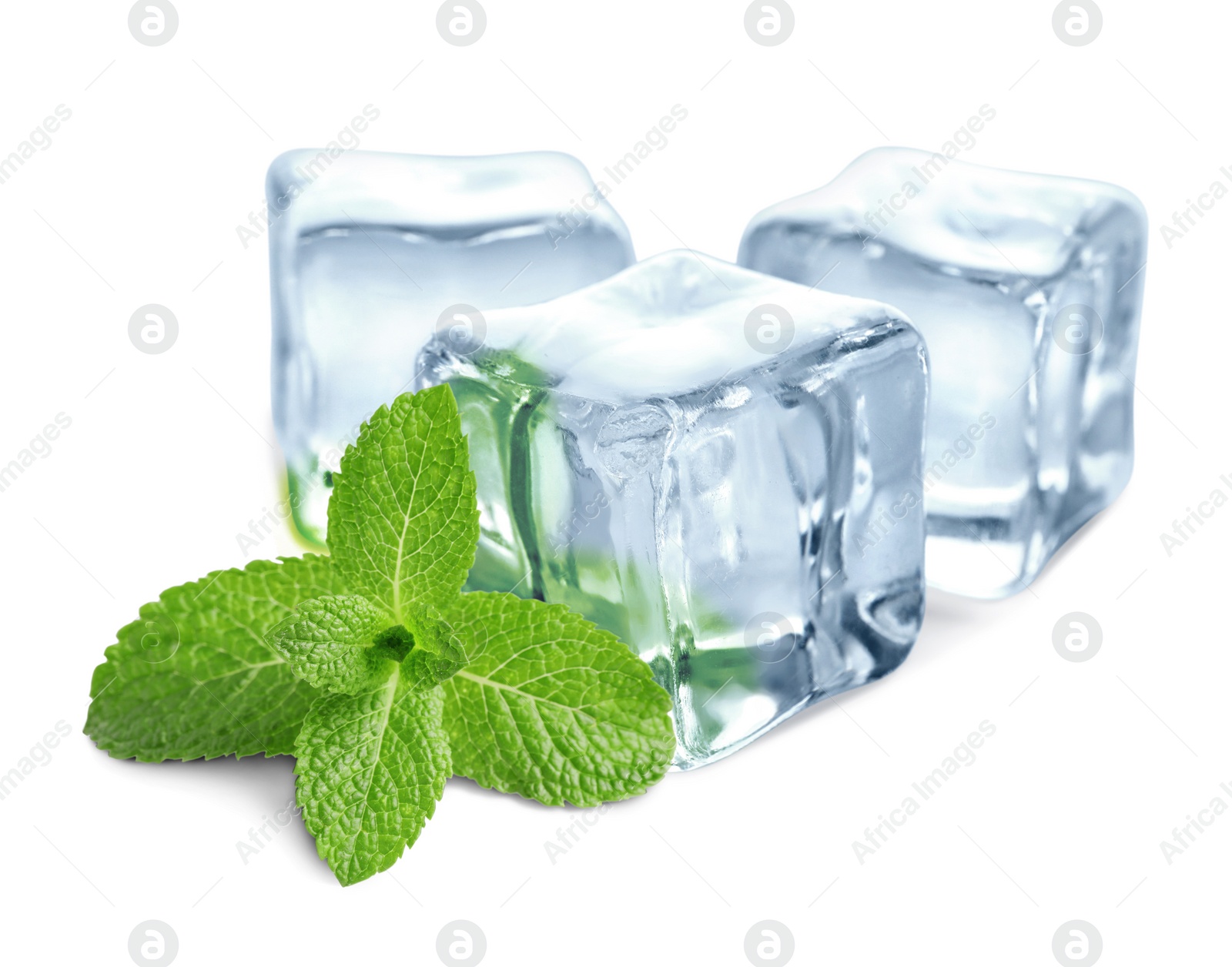 Image of Green mint and ice cubes isolated on white