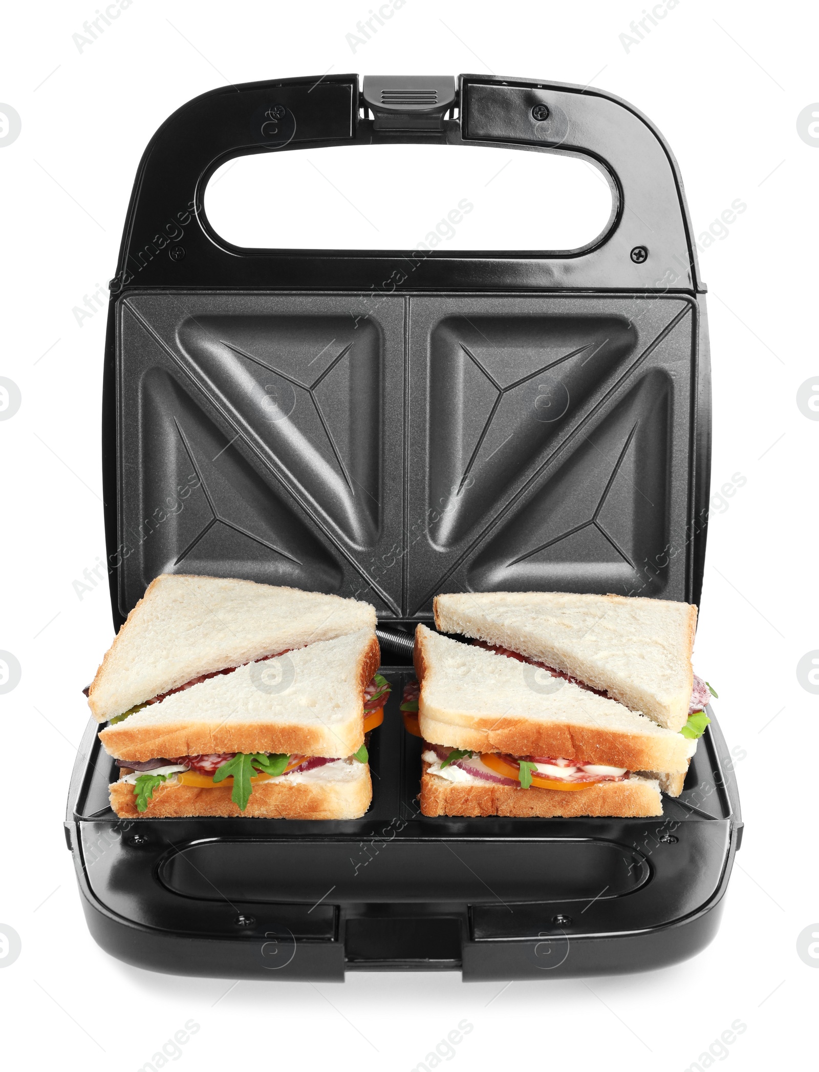 Photo of Modern grill maker with sandwiches on white background