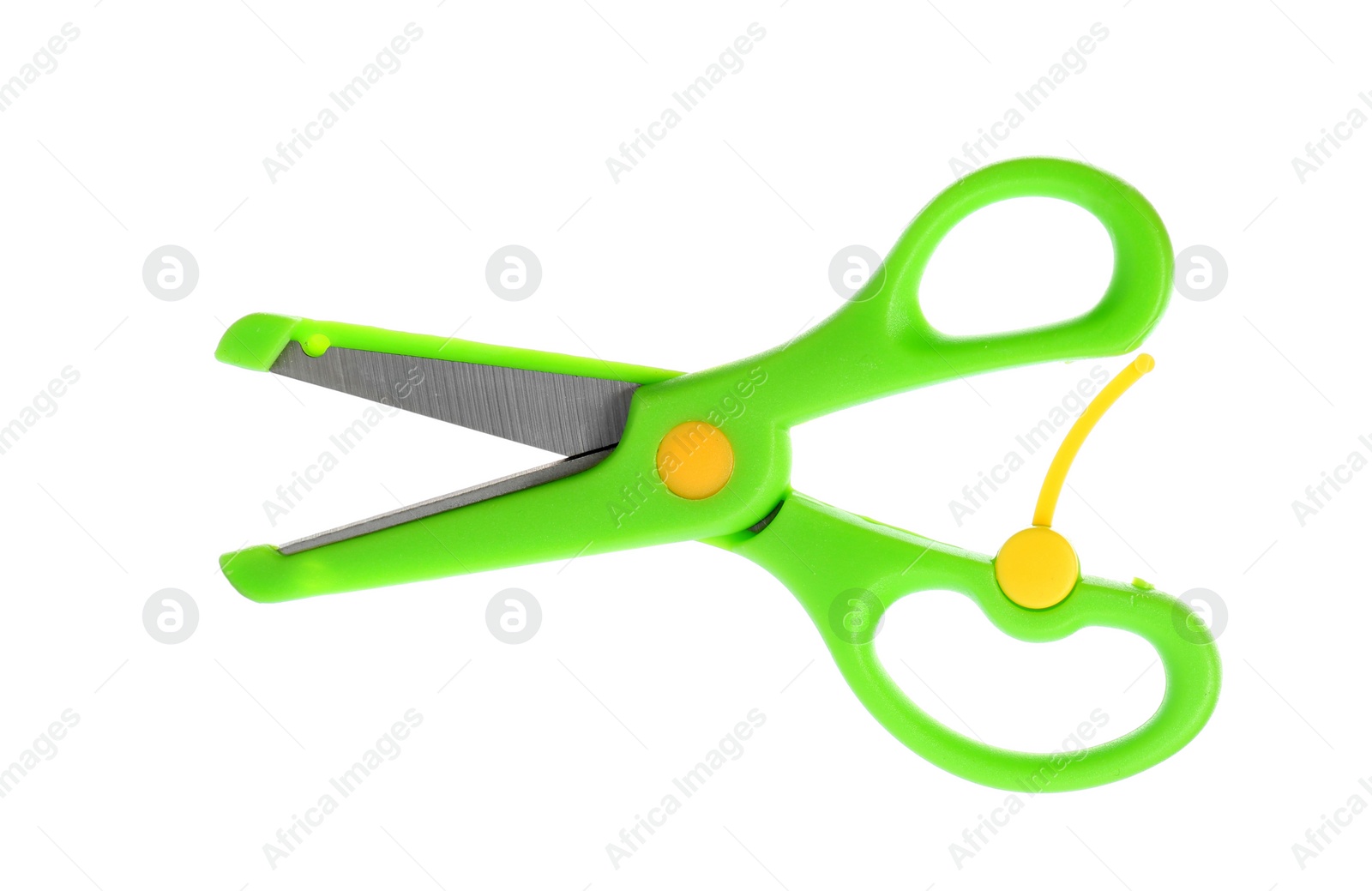 Photo of Pair of training scissors on white background