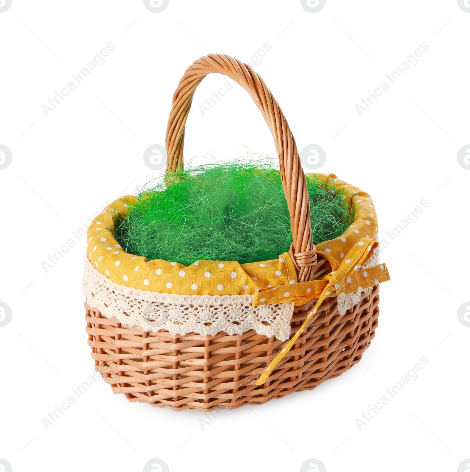 Photo of Easter wicker basket with decorated grass isolated on white