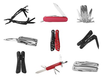 Image of Set with different portable multitools on white background