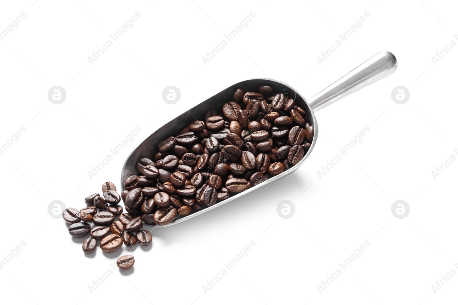 Photo of Scoop with roasted coffee beans on white background