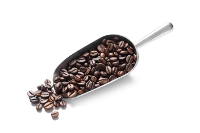 Photo of Scoop with roasted coffee beans on white background