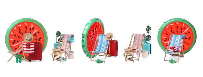 Image of Deck chairs with beach accessories isolated on white, set