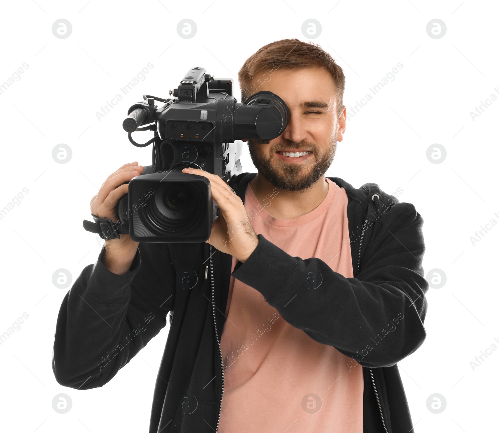 Photo of Operator with professional video camera on white background