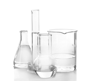 Flasks with liquid on white background. Laboratory analysis equipment