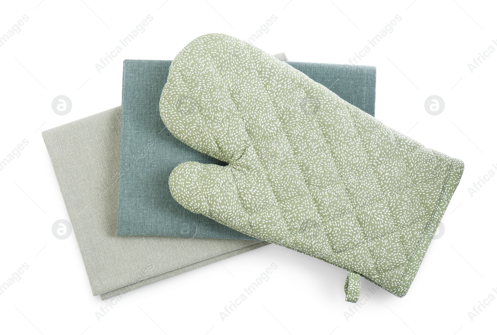 Photo of Kitchen towels and oven glove for hot dishes on white background, top view