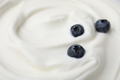 Photo of Tasty yogurt with blueberries as background, closeup. Space for text