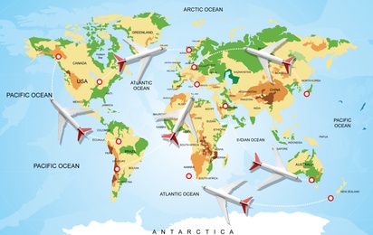 Illustration of Flight routs map with airplanes on it, illustration 