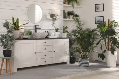 Photo of Stylish bathroom interior with vessel sink and beautiful plants