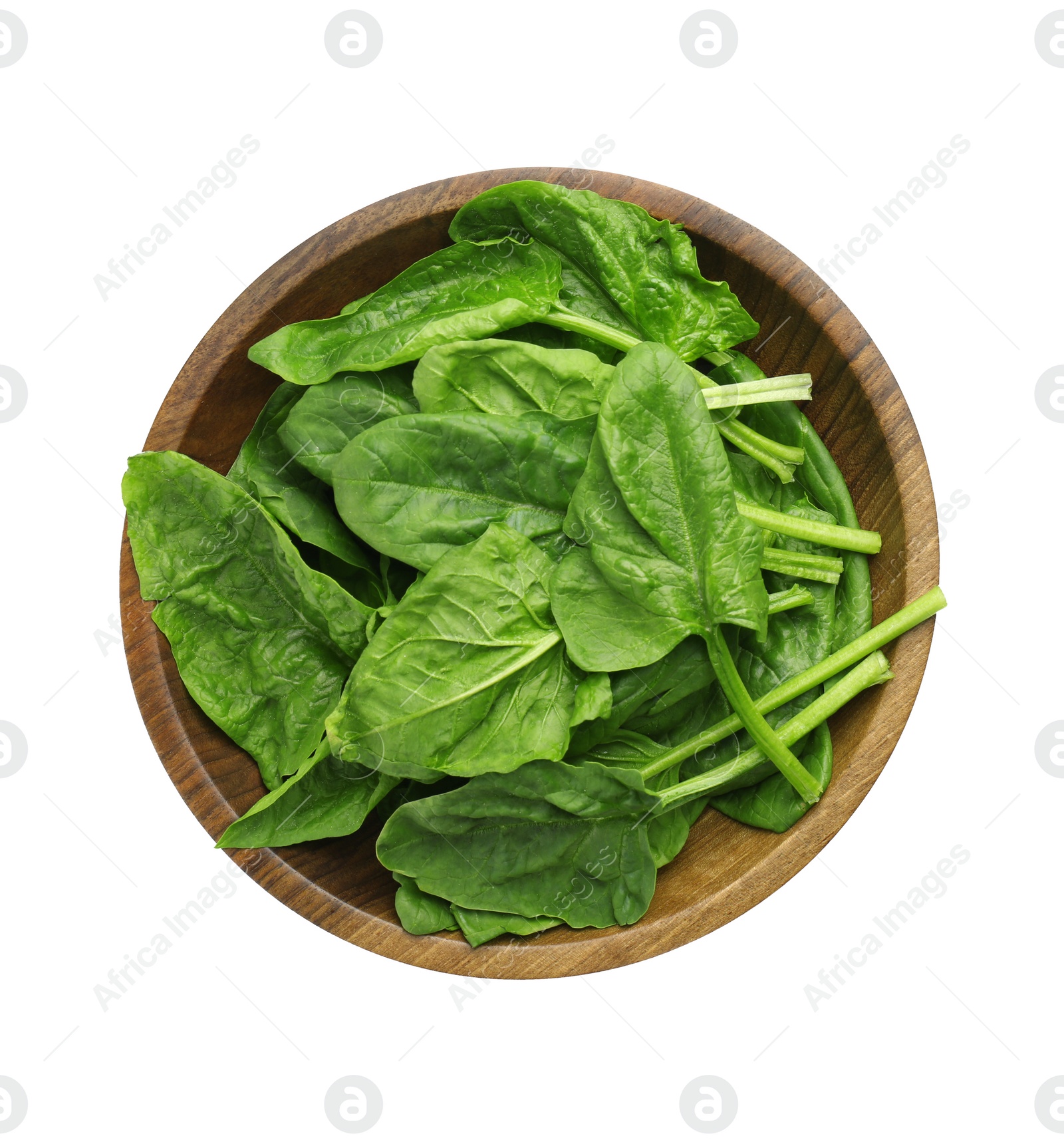 Photo of Bowl of fresh spinach leaves isolated on white, top view