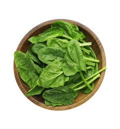 Bowl of fresh spinach leaves isolated on white, top view