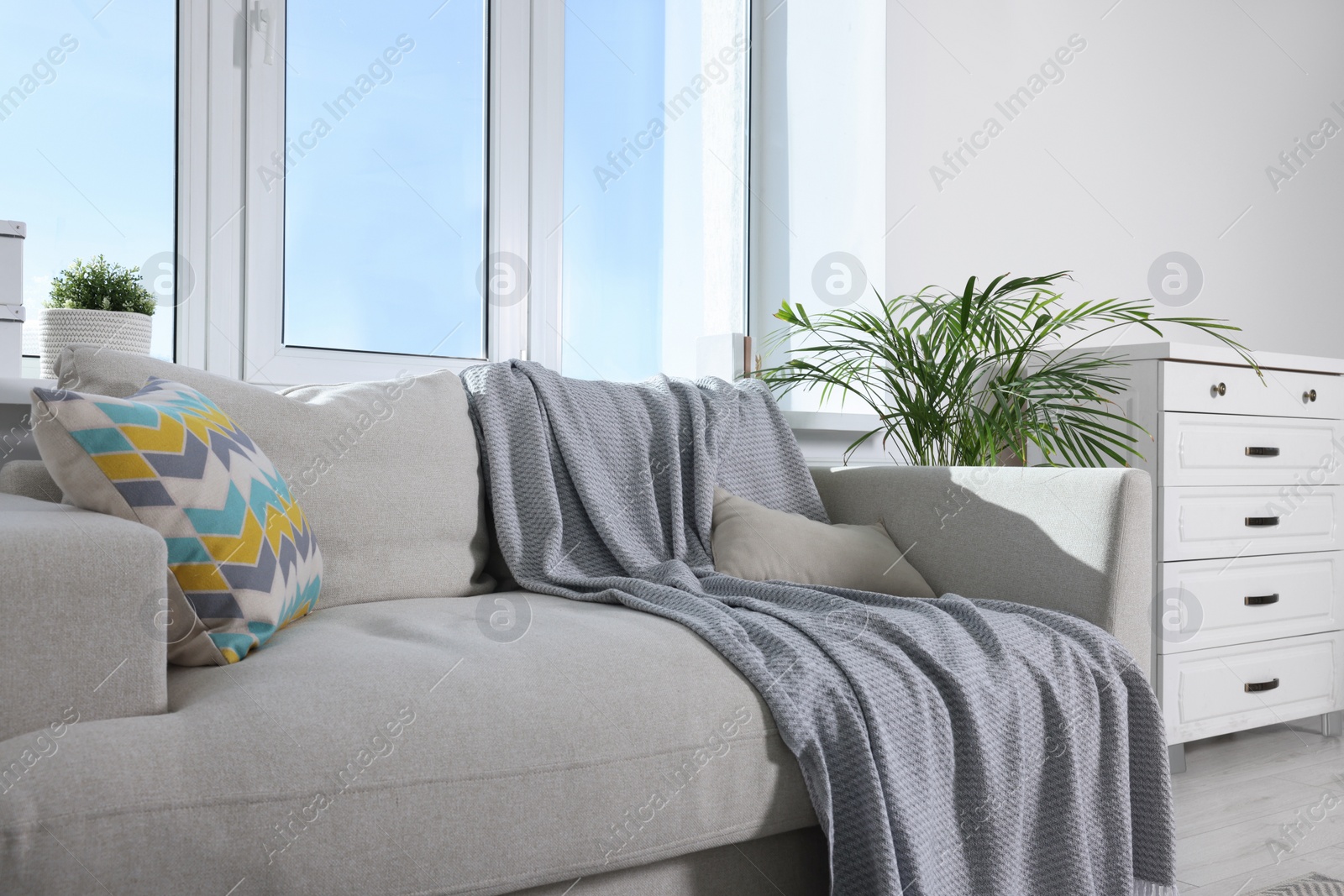 Photo of Cosy living room with sofa and chest of drawers near window. Interior design