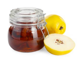 Photo of Quince jam in glass jar and fresh raw fruits isolated on white