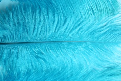 Photo of Beautiful light blue feathers as background, closeup