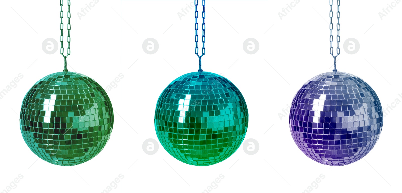 Image of Set with colorful shiny disco balls on white background. Banner design