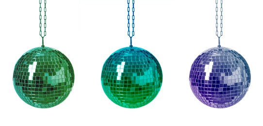 Image of Set with colorful shiny disco balls on white background. Banner design