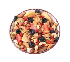 Bowl with mixed dried fruits and nuts isolated on white