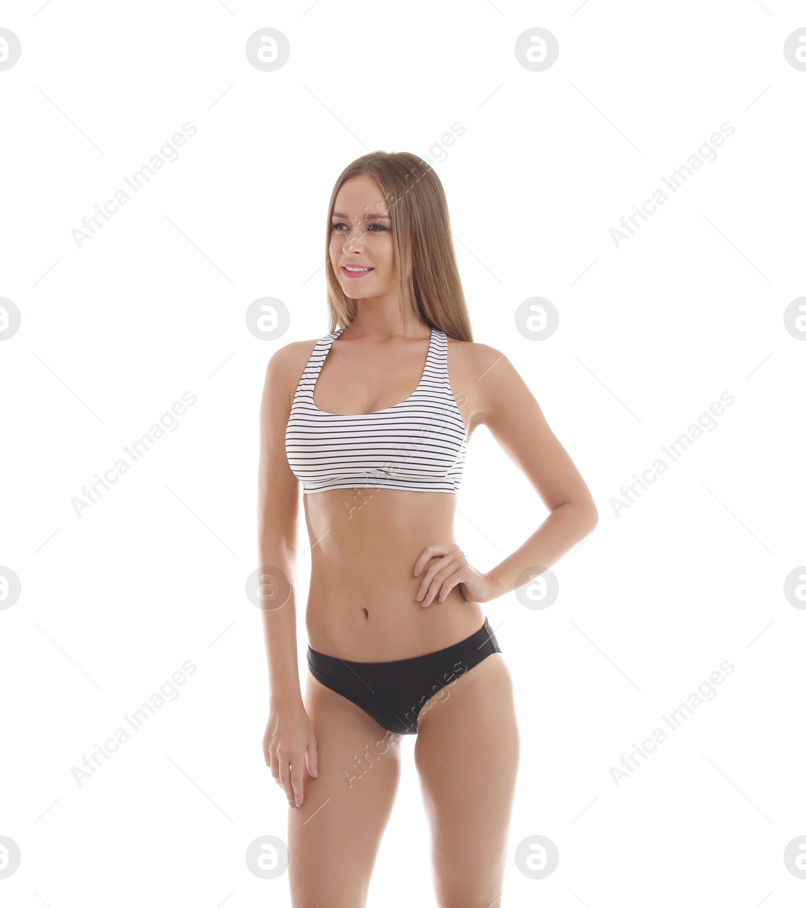 Photo of Sexy young woman in bikini on white background