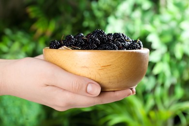 Woman holding bowl of fresh ripe black mulberries on blurred natural background, closeup