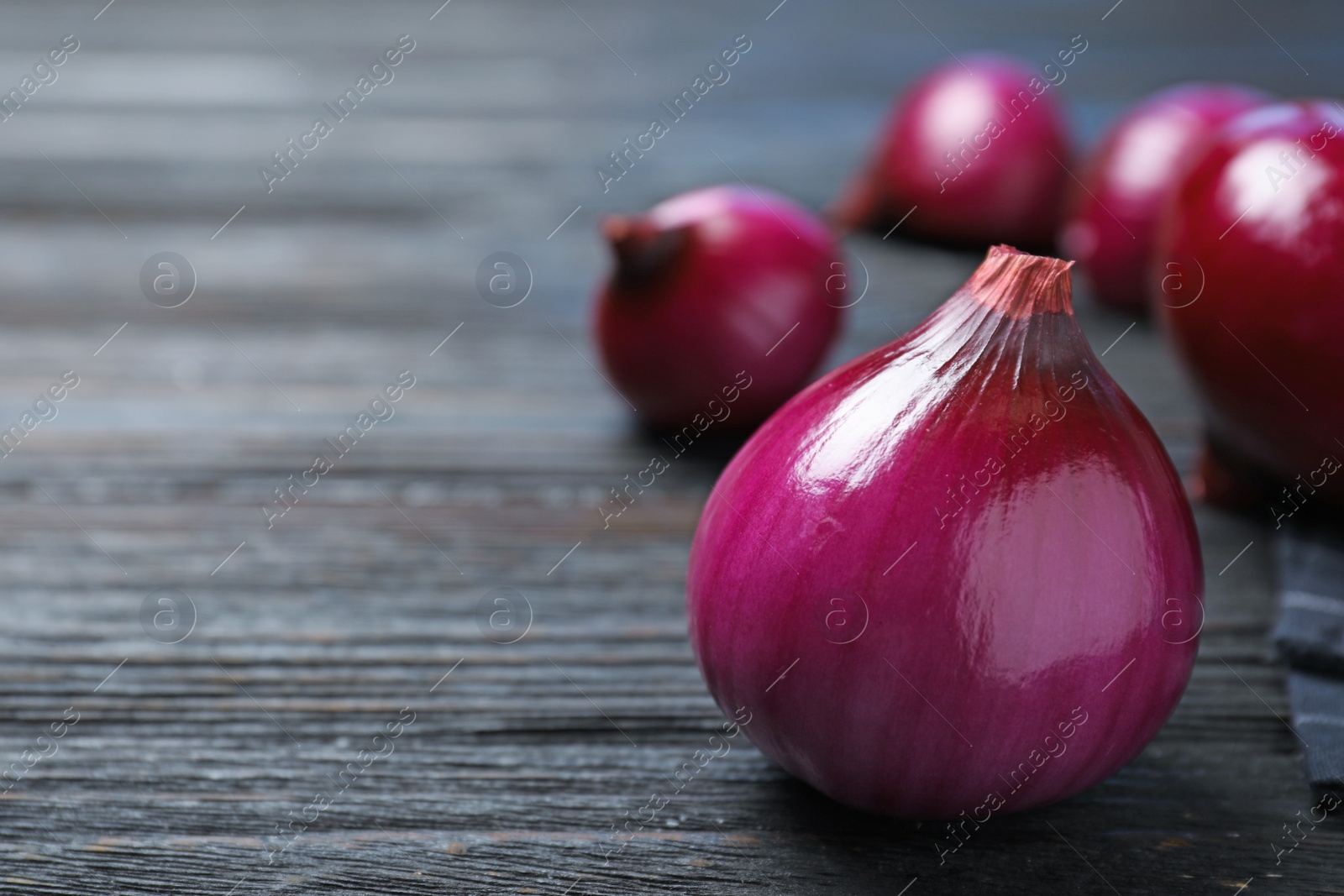 Photo of Fresh whole red onion bulb on dark wooden table, closeup. Space for text