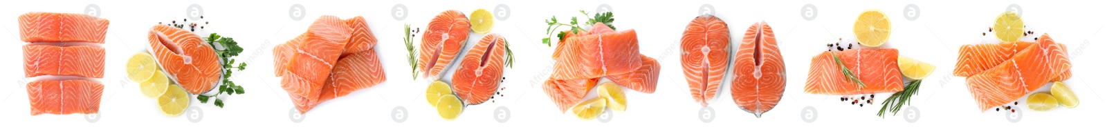 Image of Set of fresh raw salmon on white background, top view. Fish delicacy