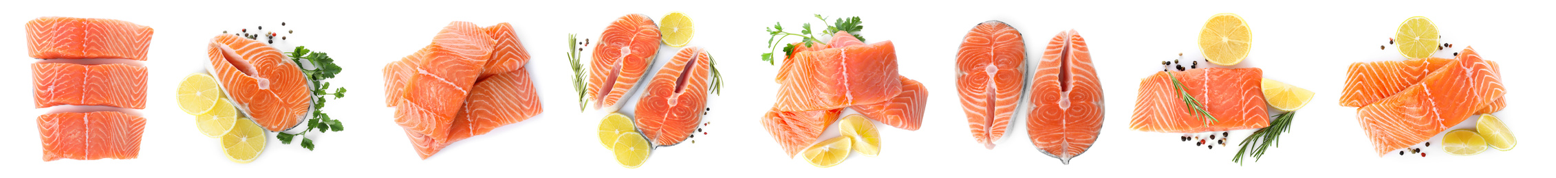 Set of fresh raw salmon on white background, top view. Fish delicacy