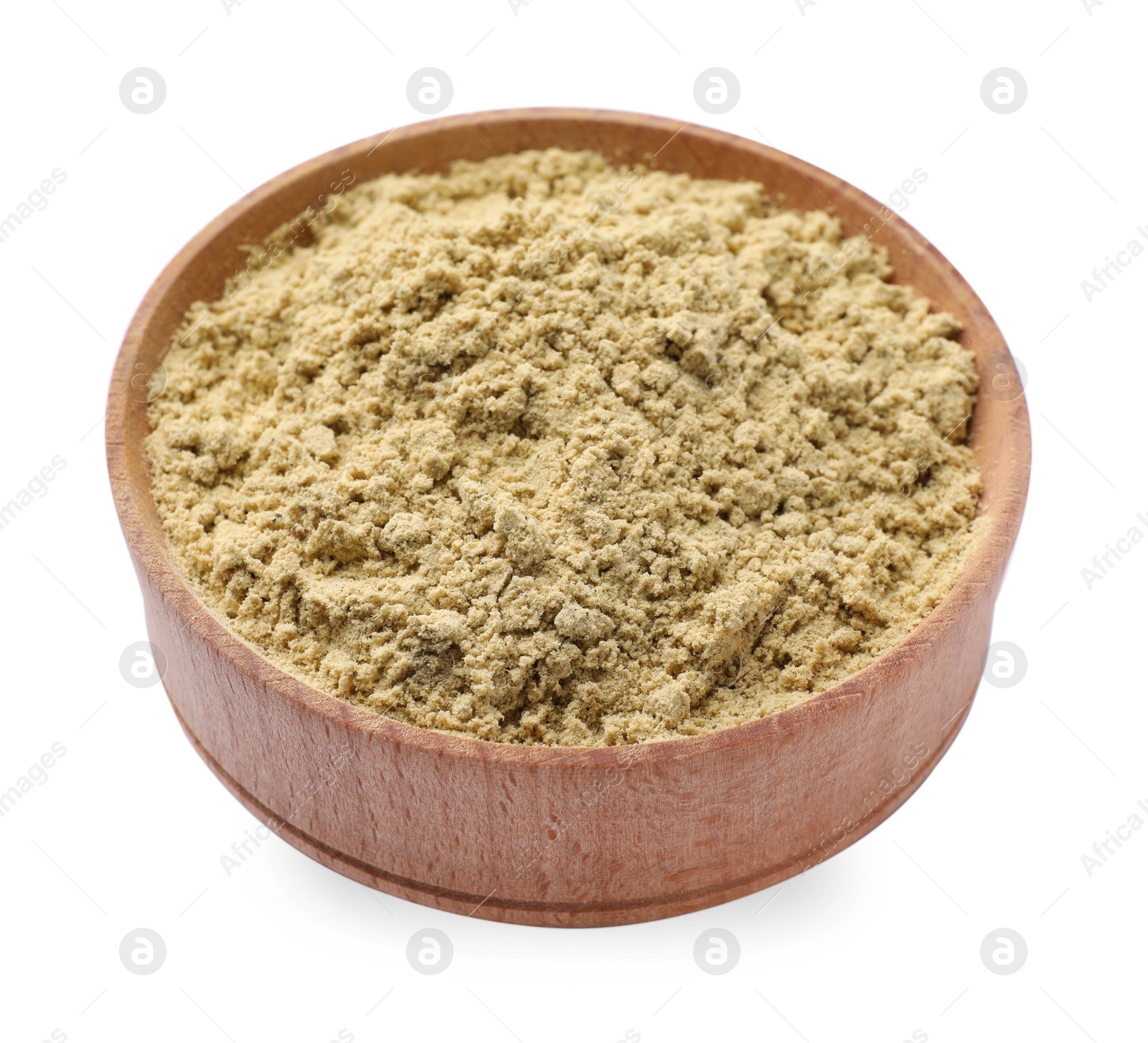 Photo of Aromatic ginger powder in wooden bowl on white background
