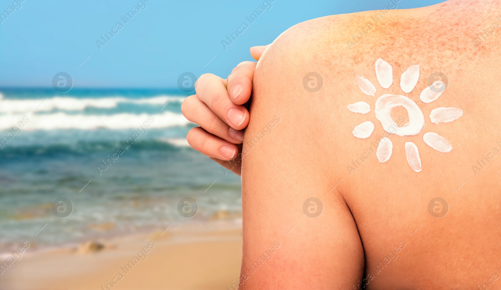 Image of Sun protection. Woman with sunblock on her back near sea, closeup