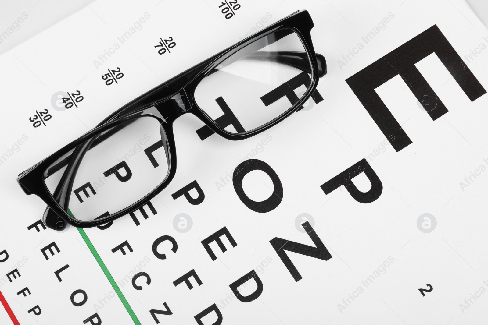 Photo of Glasses on vision test chart, top view