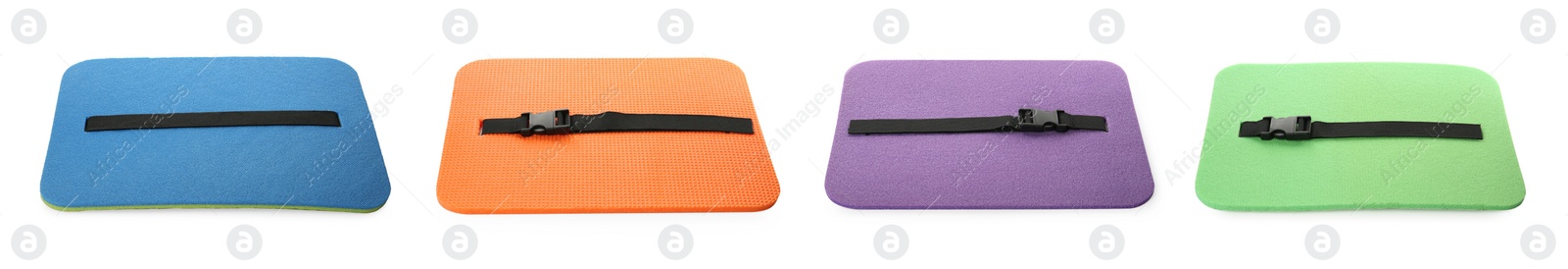 Image of Set with colorful foam tourist seat mats on white background. Banner design