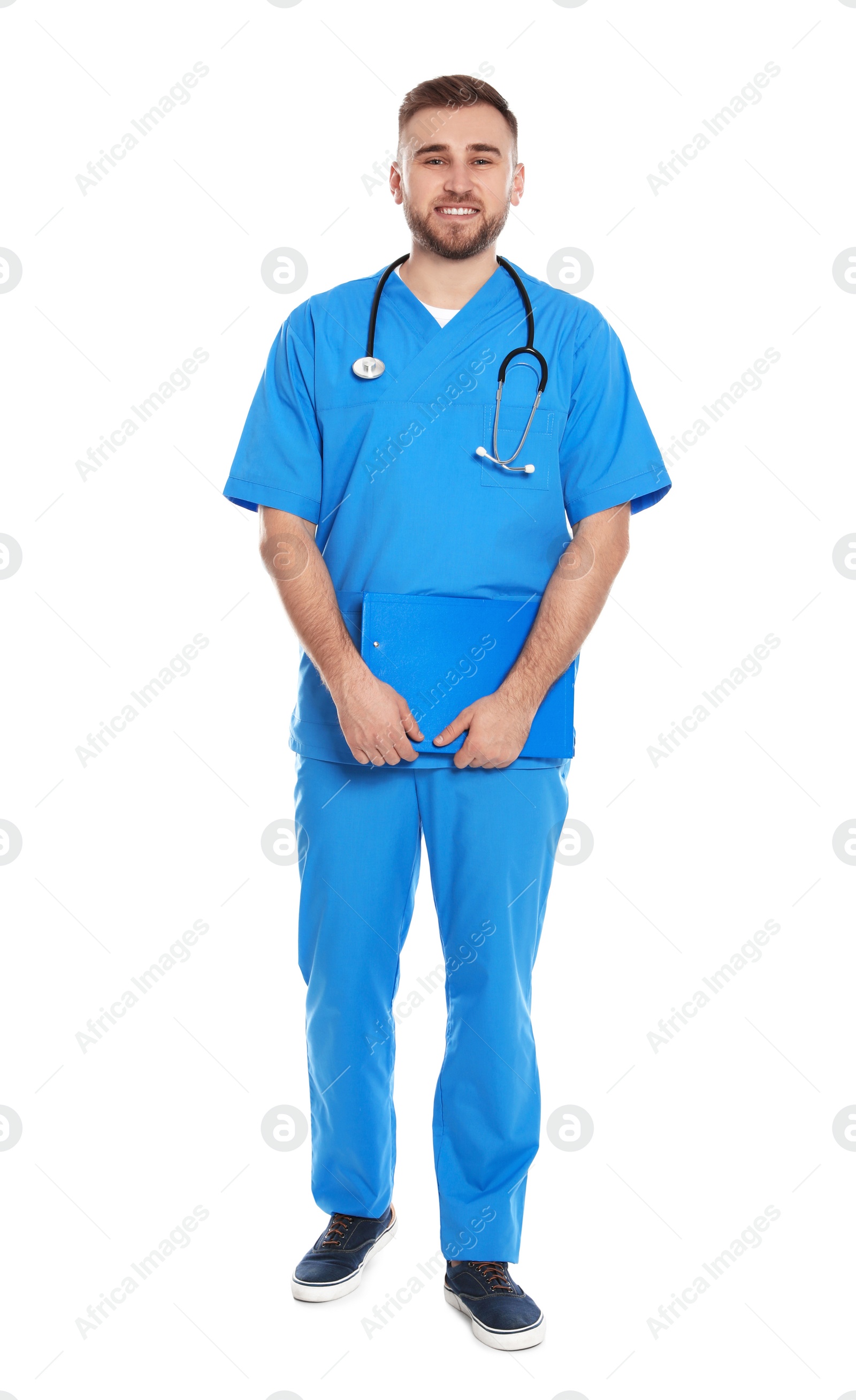 Photo of Full length portrait of medical doctor with clipboard and stethoscope isolated on white