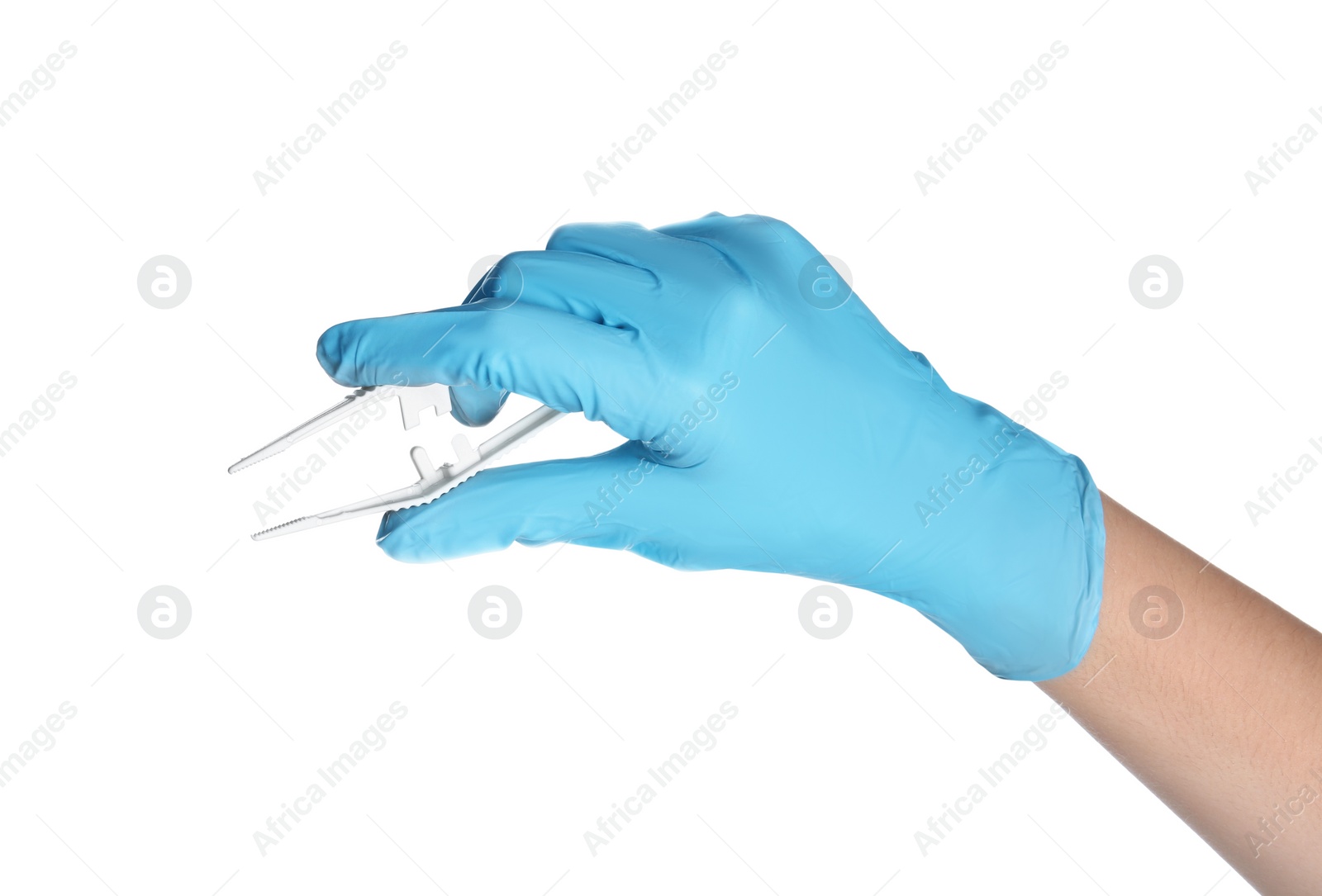 Photo of Doctor in medical glove holding disposable forceps on white background