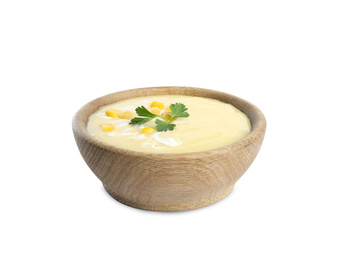 Photo of Delicious corn cream soup isolated on white