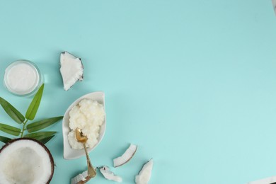Photo of Flat lay composition with homemade cosmetic products and fresh ingredients on turquoise background. Space for text