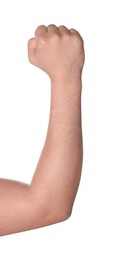 Photo of Man showing fist on white background, closeup