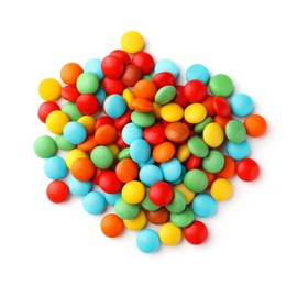Photo of Many small colorful candies on white background, top view