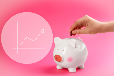 Image of Woman putting coin into piggy bank and graph on pink background, closeup