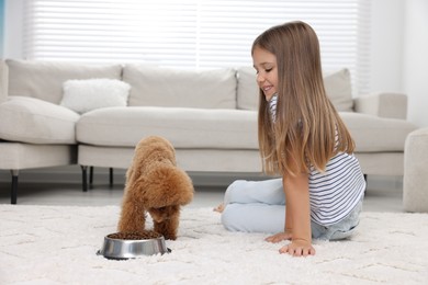 Photo of Little child feeding cute puppy on carpet at home. Lovely pet