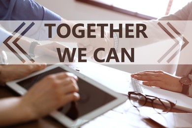 Image of Partnership, union and cooperation. Businesspeople at table, closeup