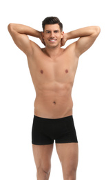 Photo of Handsome man in black underwear on white background