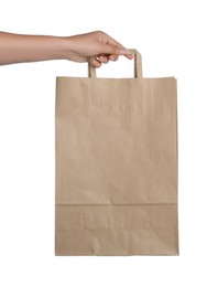 Photo of Woman with paper bag on white background, closeup