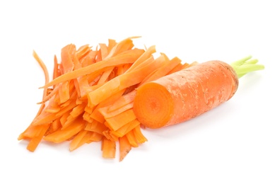 Photo of Tasty raw shredded carrot isolated on white