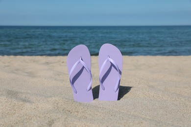 Photo of Stylish violet flip flops on beach sand