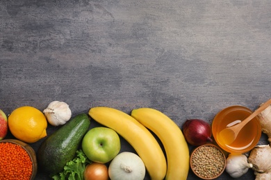 Photo of Flat lay composition with natural products and space for text on color background. Home remedies for asthma