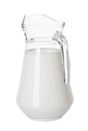 Photo of Glass jug of fresh milk isolated on white
